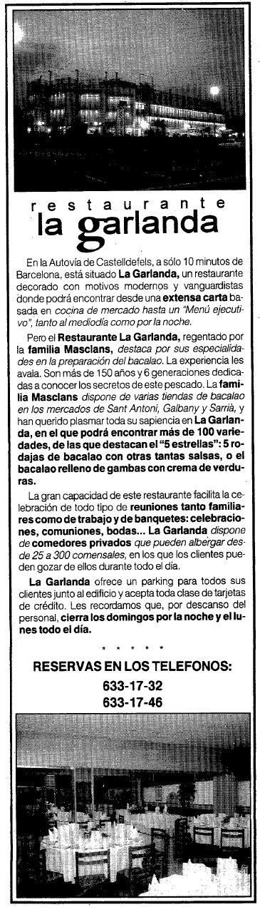 Anunci del restaurant 'La Garlanda' de Gav Mar publicat al diari EL MUNDO DEPORTIVO (28 d'Abril de 1998)